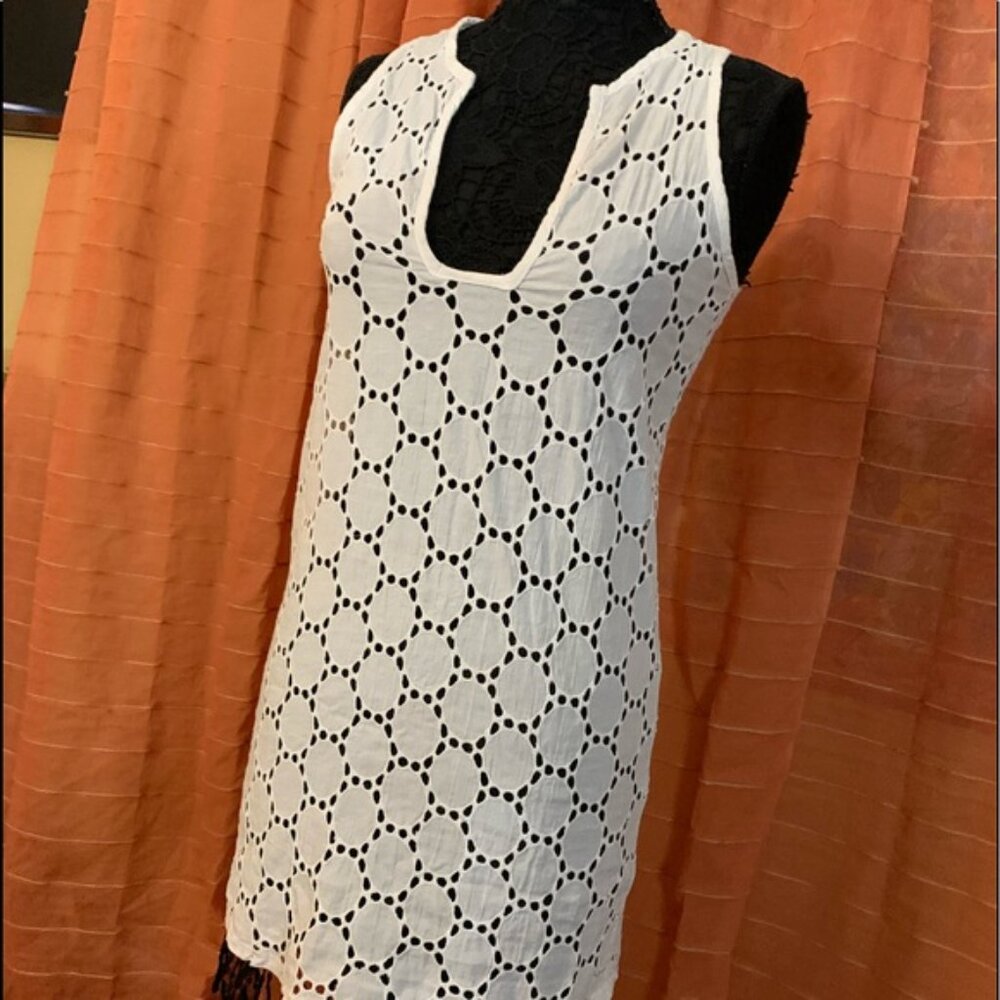 Jordan Taylor White Fitted Dress Beach Cover Up Crochet Lace Eyelets 1960s MCM